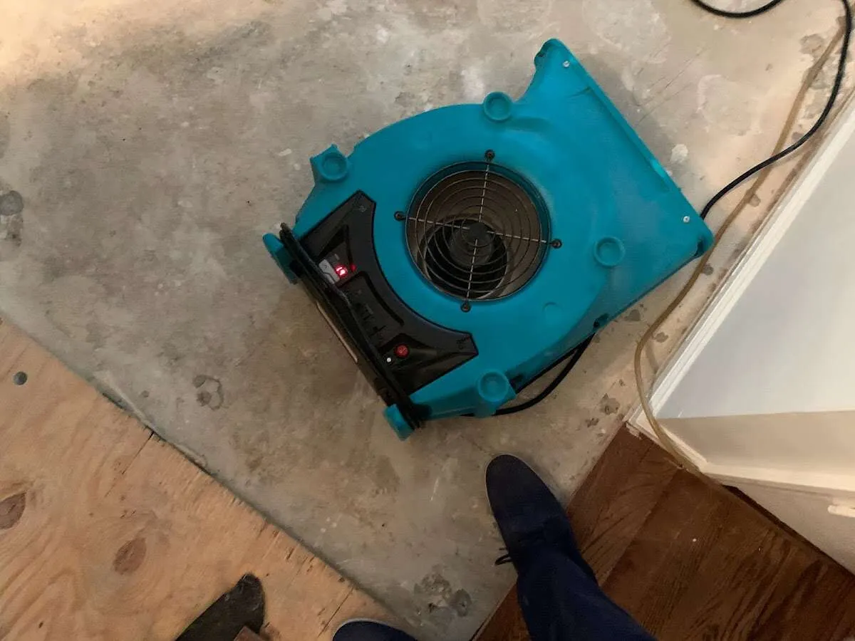 Air mover drying subfloor during Commercial Water Damage Restoration in Wappinger